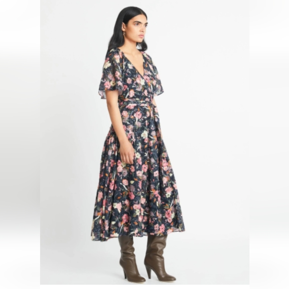 Tanya Taylor Bria Collaged Geranium Floral Print Faux Wrap Midi Dress Size 10